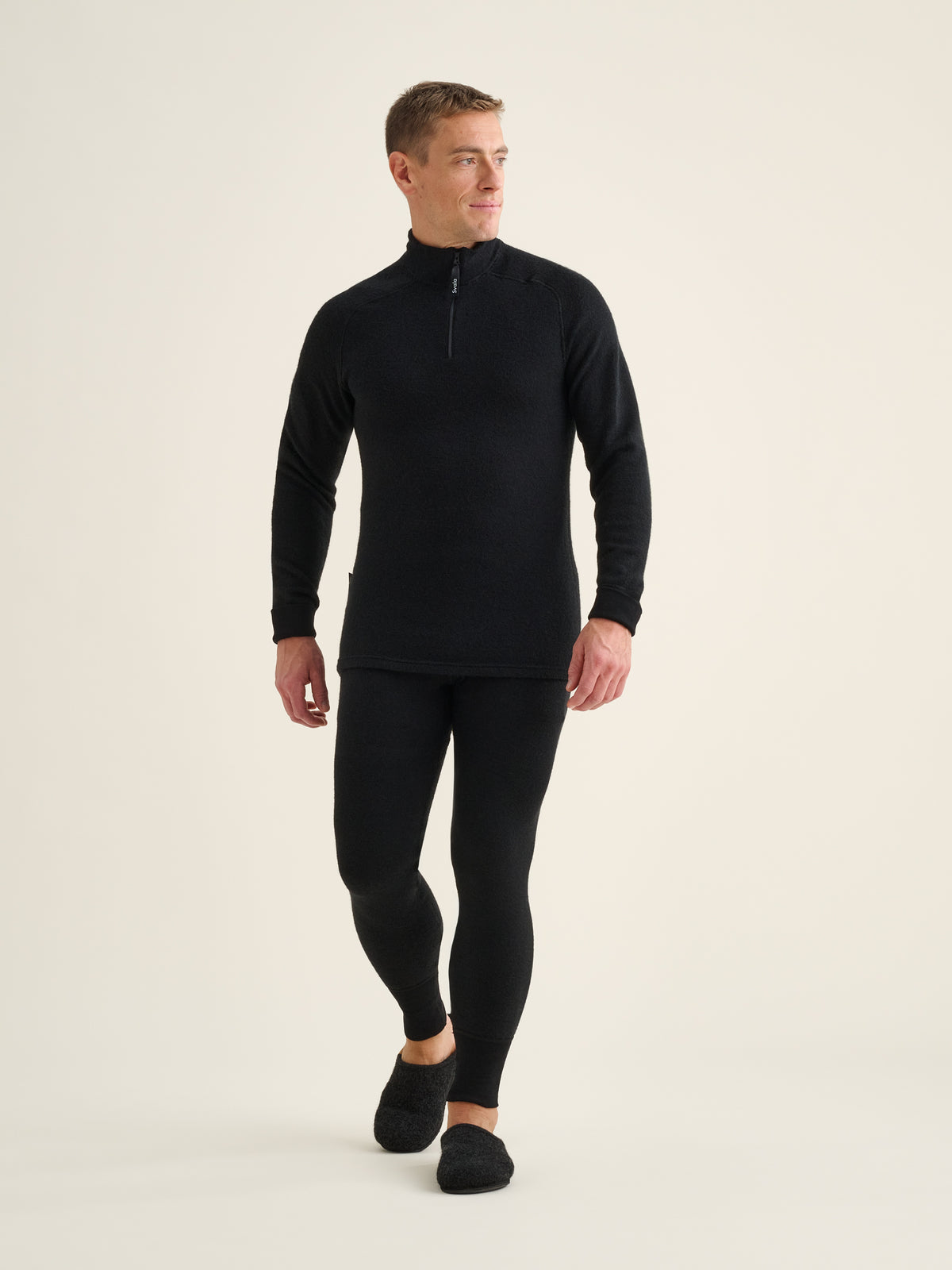 Men's Nordic Terry Wool 400 zip-neck shirt and Men's Nordic Terry Wool 400 mid-layer bottoms, black, front view
